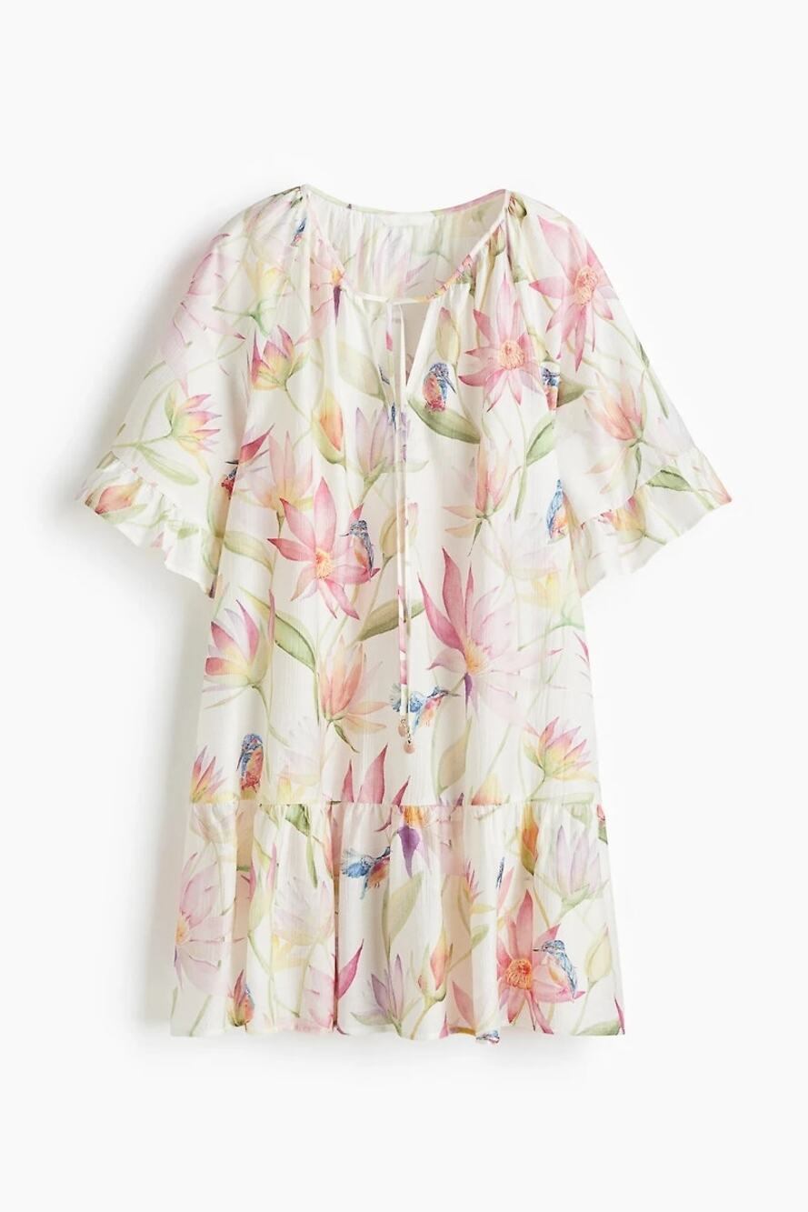 H&M Floral Tunic Dress Cream Cottagecore Boho Preppy Watercolor M Flowy Summer